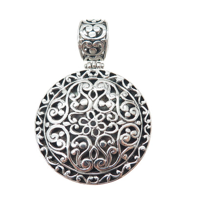 925 Sterling Silver Vintage Ornate Floral Oxidized Pendant