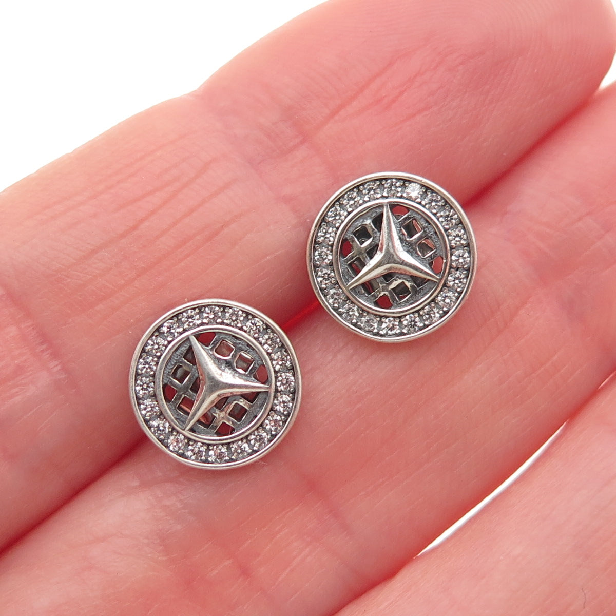 925 Sterling Silver Round-Cut C Z Mercedes-Benz Stud Earrings