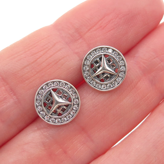 925 Sterling Silver Round-Cut C Z Mercedes-Benz Stud Earrings