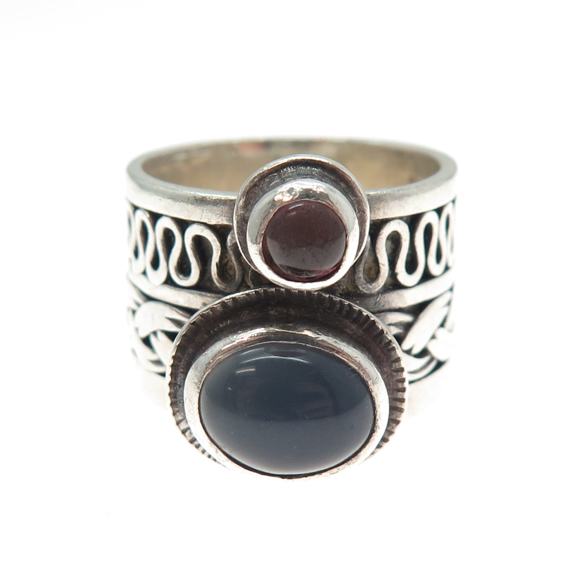 925 Sterling Silver Vintage Real Moonstone & Tourmaline Modernist Ring Size 8.75