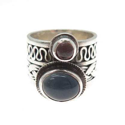 925 Sterling Silver Vintage Real Moonstone & Tourmaline Modernist Ring Size 8.75