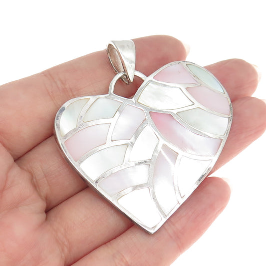 925 Sterling Silver Vintage Real Mother-of-Pearl Modernist Heart Pendant