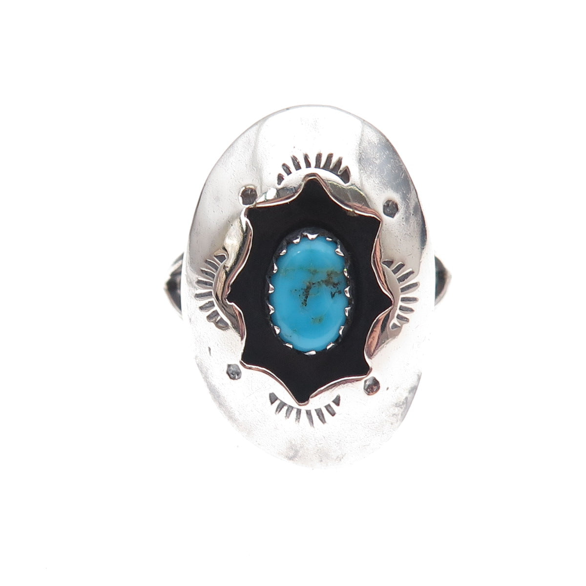 Old Pawn 925 Sterling Silver Vintage Turquoise Concho Shadow Box Ring Size 6