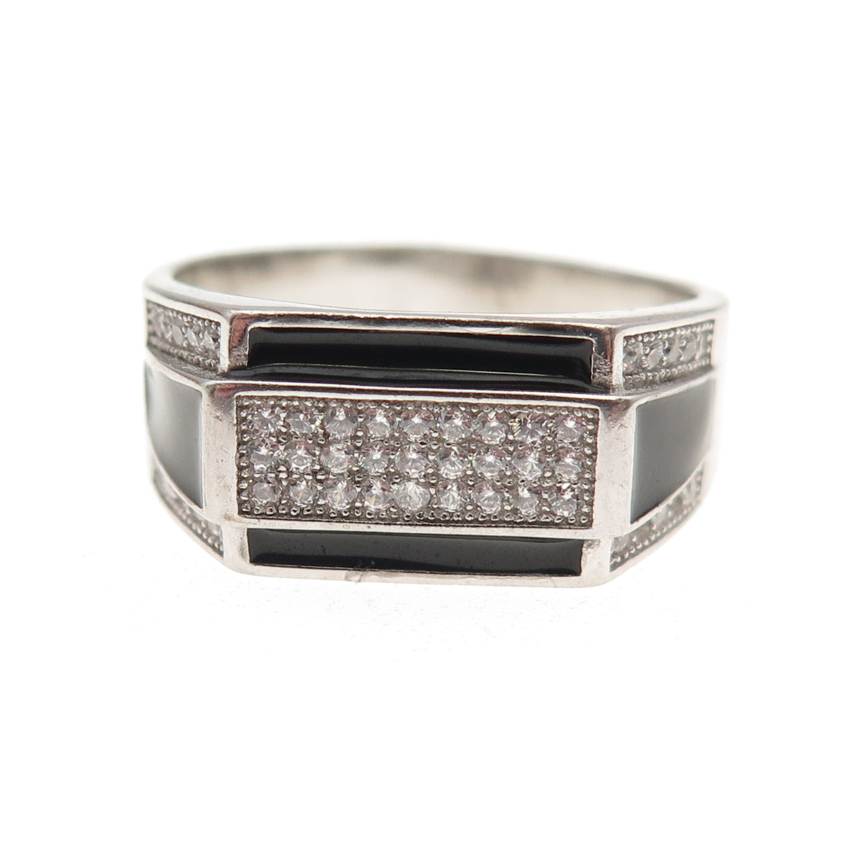 925 Sterling Silver Black Enamel & Round-Cut C Z Signet Ring Size 10.75