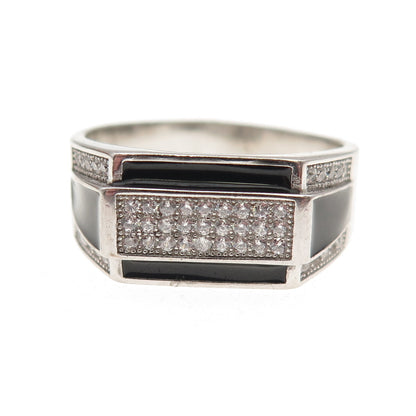 925 Sterling Silver Black Enamel & Round-Cut C Z Signet Ring Size 10.75
