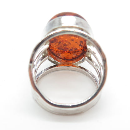 VALERIO V8 Sterling Silver Vintage Poland Real Amber Modernist Ring Size 5.75