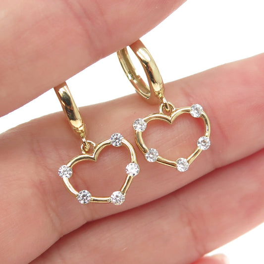 925 Sterling Silver Gold Plated Round-Cut Shaped C Z Heart Dangling Earrings