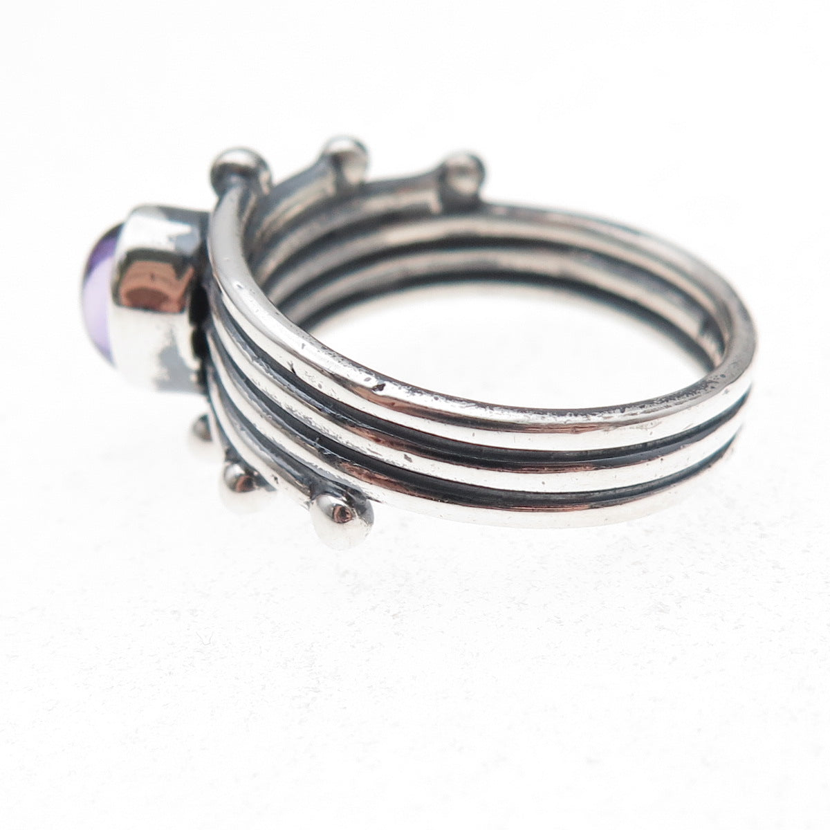 925 Sterling Silver Vintage Real Amethyst Modernist Oxidized Ring Size 8.25