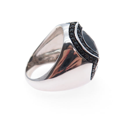 925 Sterling Silver Real Round-Cut Black Spinel Modernist Ring Size 7.5