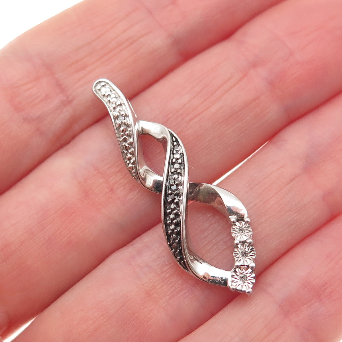 925 Sterling Silver Real Black & White Diamond Twisted Slide Charm Pendant