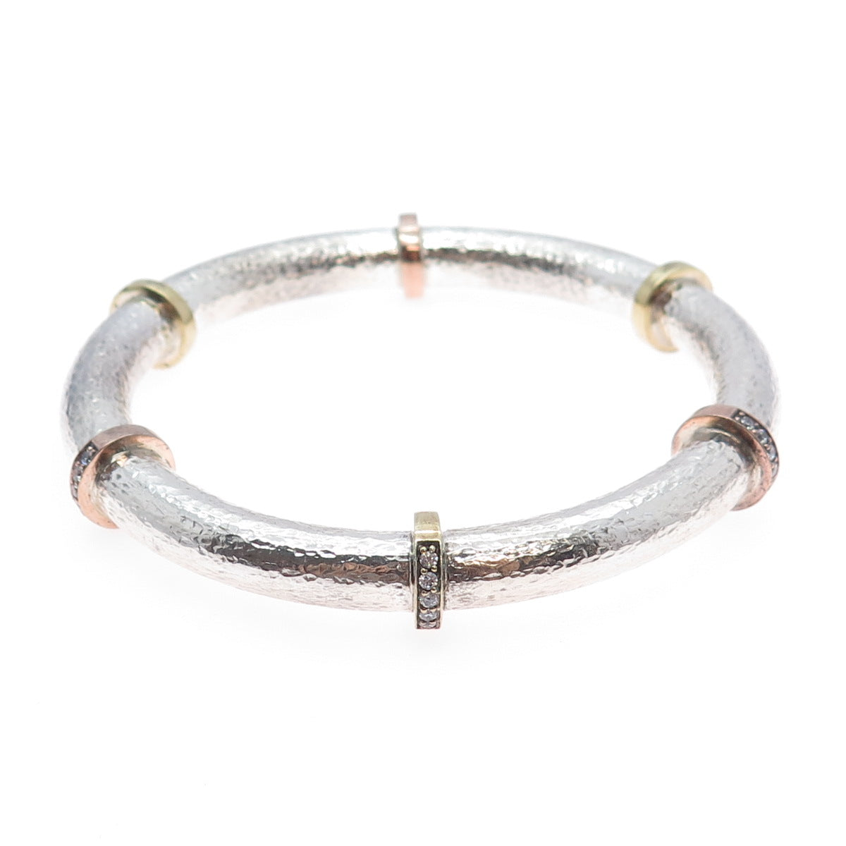 SILPADA 925 Sterling 2-Tone Vintage Round-Cut C Z Hammered Bangle Bracelet 8"