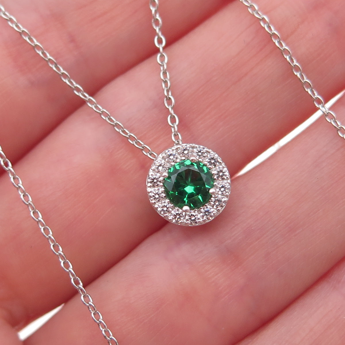 925 Sterling Silver Round-Cut Green & White C Z Cable Chain Necklace 18"