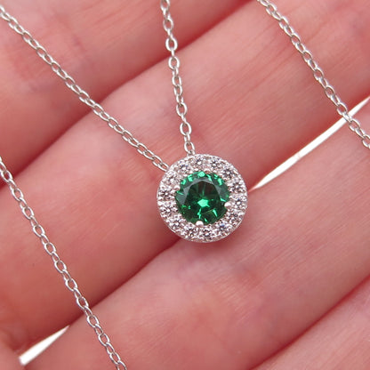 925 Sterling Silver Round-Cut Green & White C Z Cable Chain Necklace 18"