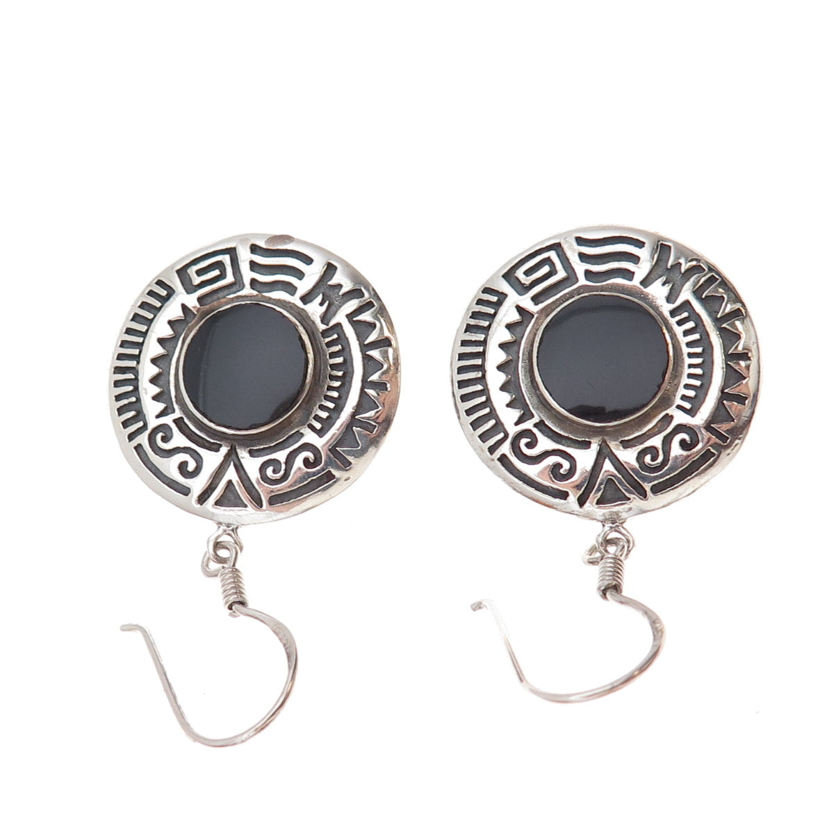 Boma 925 Sterling Silver Vintage Real Black Onyx Ethnic Oxidized Dangle Earrings