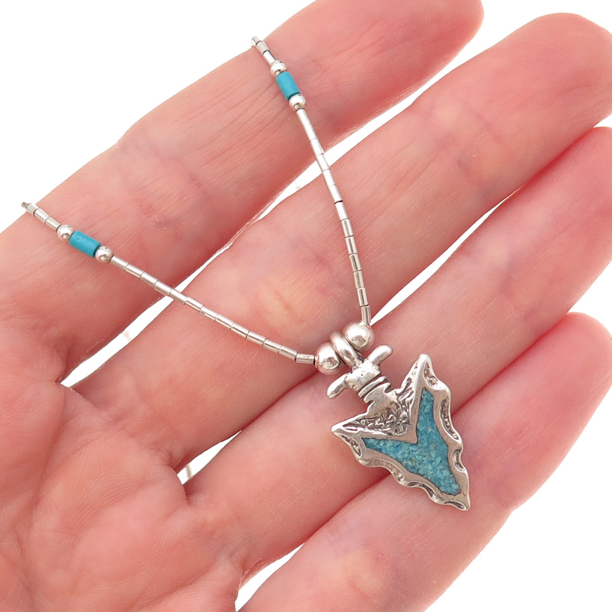 Old Pawn Sterling Silver Vintage Turquoise Inlay Arrow Liquid Chain Necklace 18"