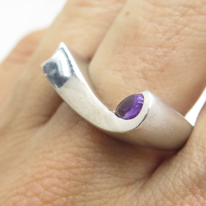 925 Sterling Silver Vintage Real Amethyst Modernist Wavy Ring Size 9