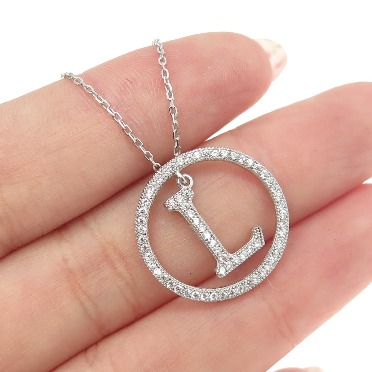 925 Sterling Silver Round-Cut C Z Letter "L" Initial Cable Chain Necklace 16-18"