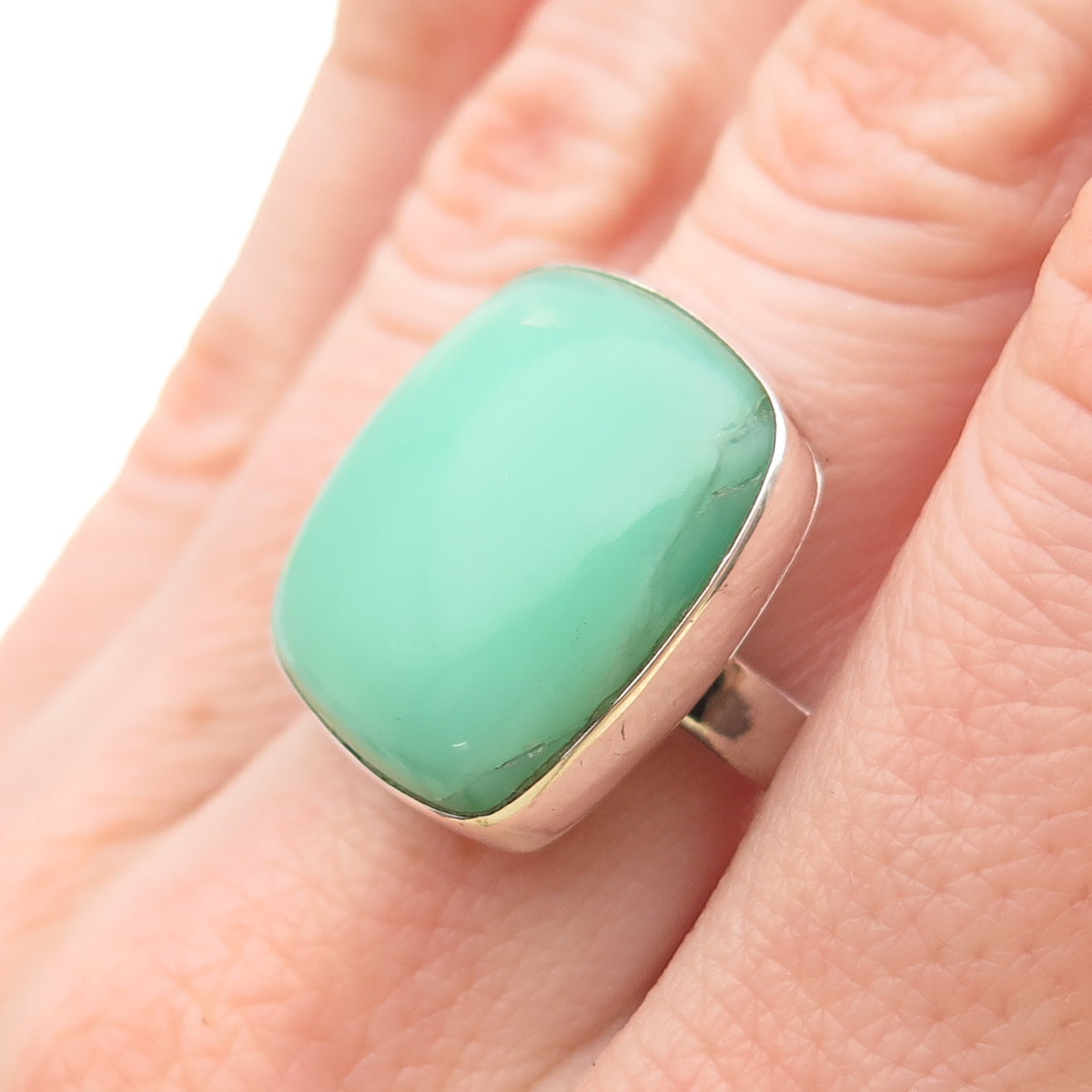 925 Sterling Silver Vintage Real Cabochon Chrysoprase Ring Size 7.75