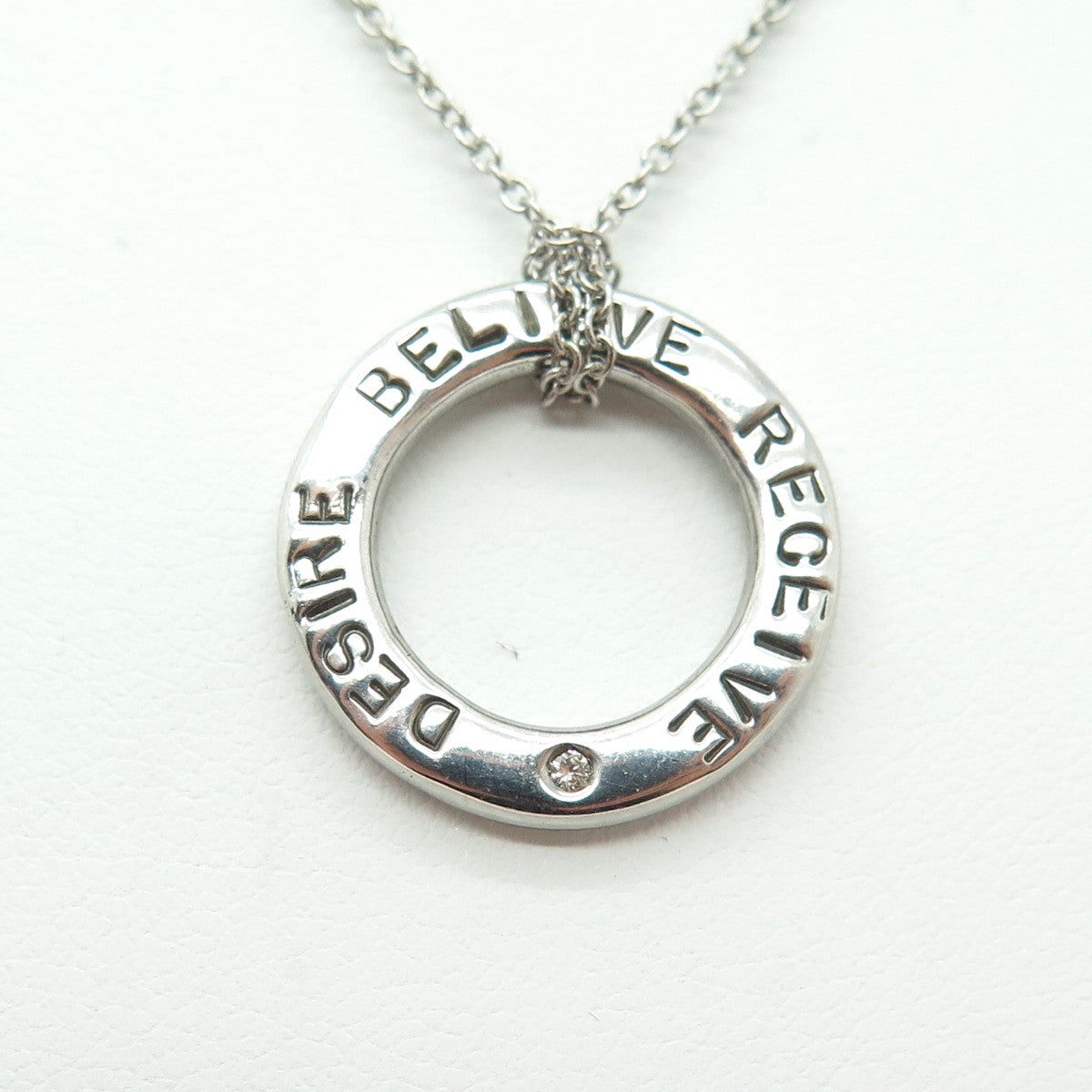 925 Sterling Silver Real Round-Cut Diamond "Desire Believe Receive" Necklace 18"