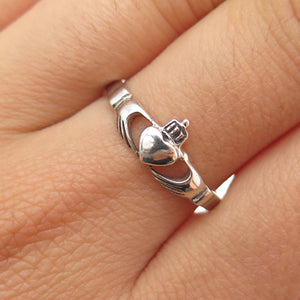 925 Sterling Silver Vintage Irish Claddagh Oxidized Ring Size 9.25