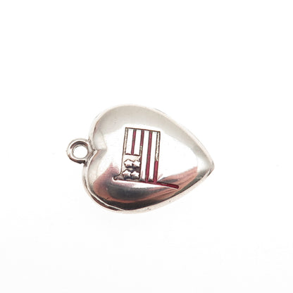925 Sterling Antique Enamel US Flag Chatelaine Engraved Heart Mini Charm Pendant