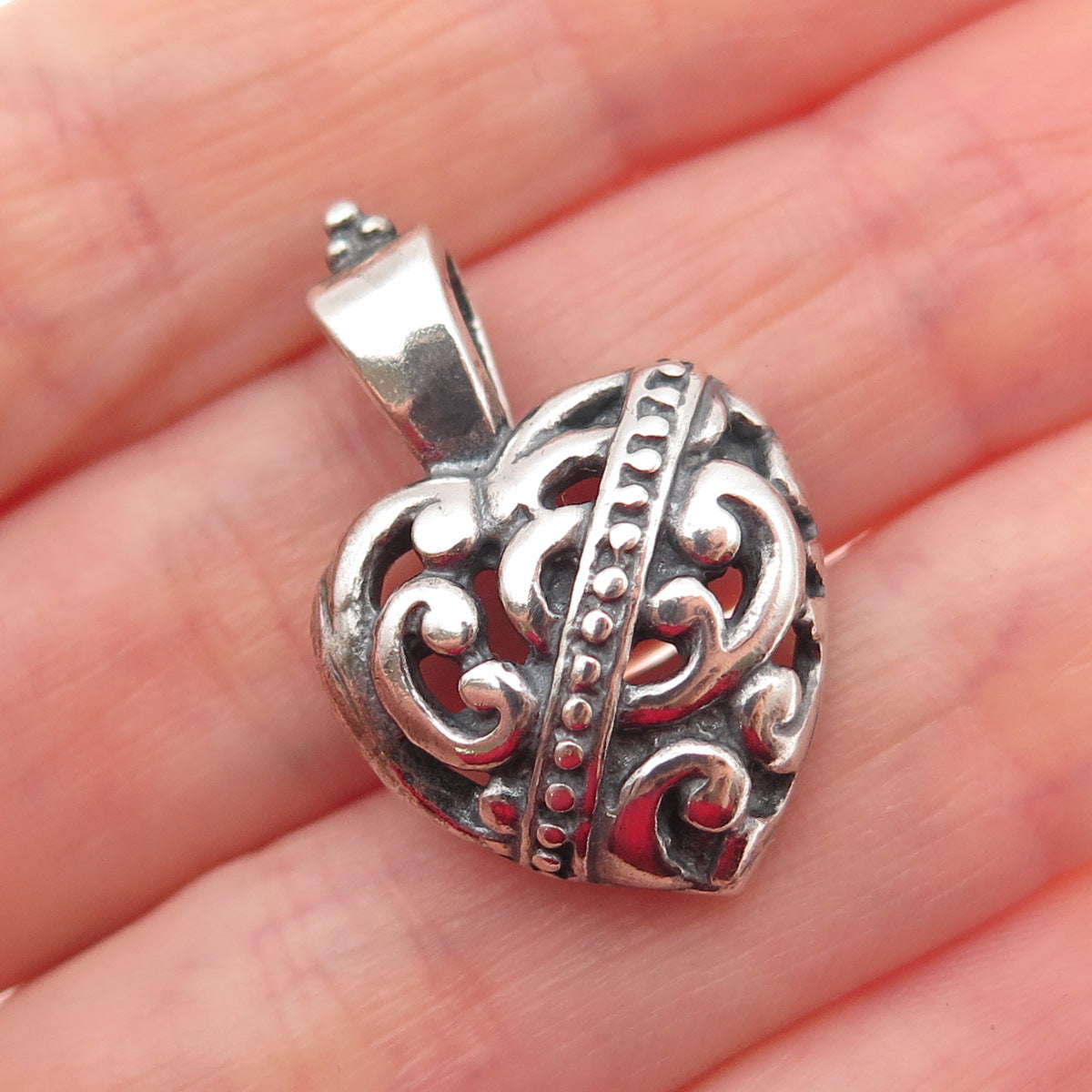 925 Sterling Silver Vintage Mexico Ornate Heart Oxidized Charm Pendant