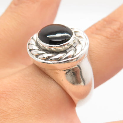925 Sterling Silver Vintage Real Black Onyx Gemstone Twisted Ring Size 7.5