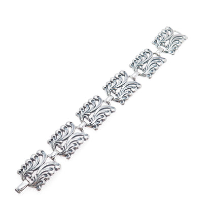 DANECRAFT 925 Sterling Silver Antique Floral Panel Link Oxidized Bracelet 7.75"