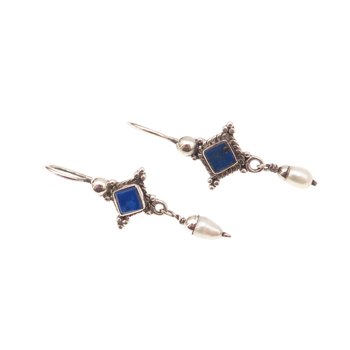 925 Sterling Silver Vintage Real Lapis & Pearl Modernist Dangle Earrings