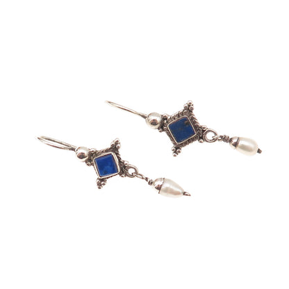 925 Sterling Silver Vintage Real Lapis & Pearl Modernist Dangle Earrings