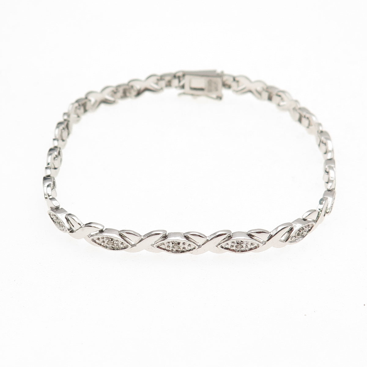 925 Sterling Silver Real Round-Cut Diamond XO Hugs & Kisses Bracelet 7.5"