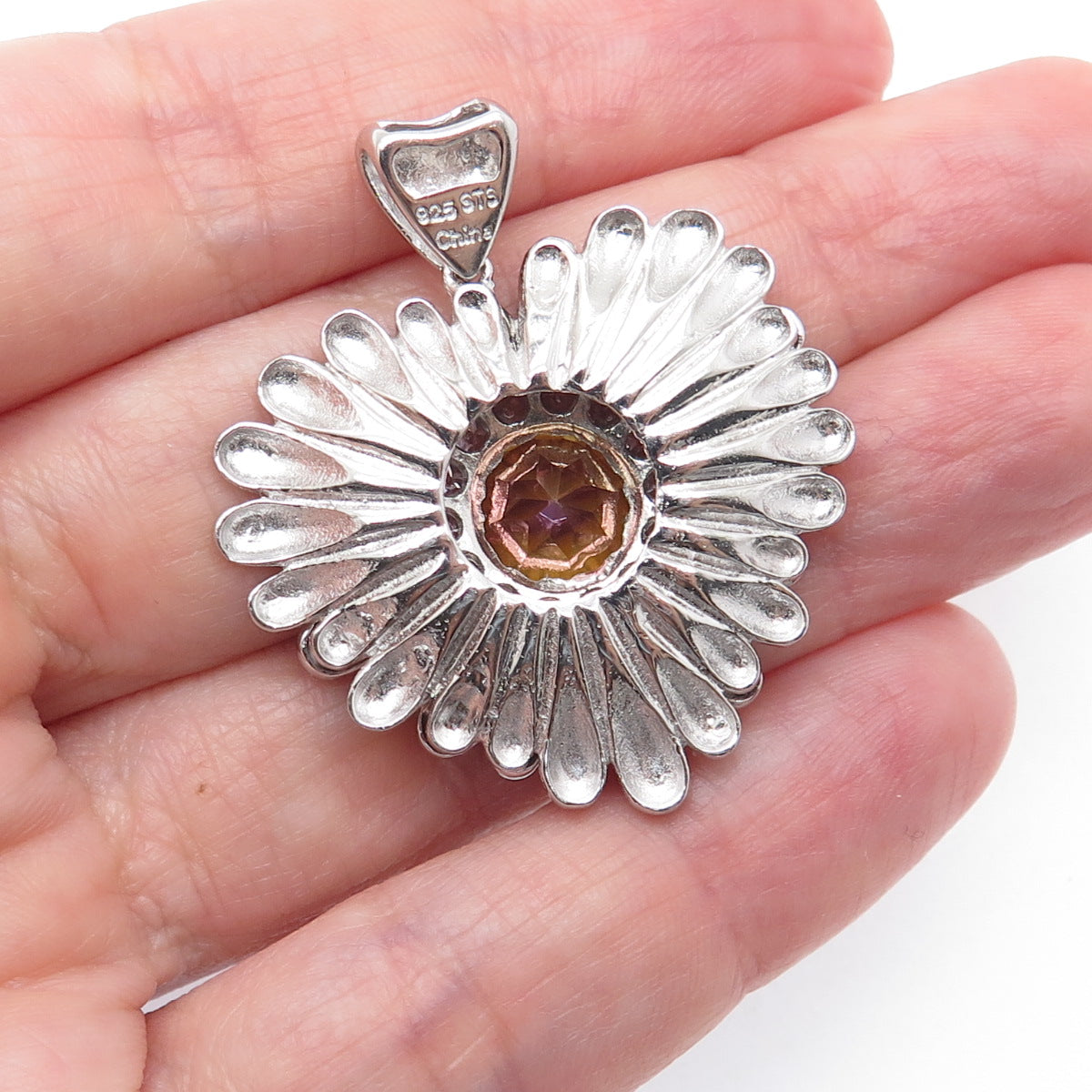 CHUCK CLEMENCY Sterling Silver 3-Tone Real Fire Quartz C Z Flower Heart Pendant