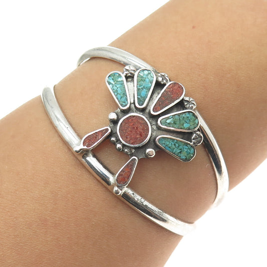 Old Pawn Sterling Silver Vintage Turquoise Coral Inlay Adjustable Bracelet 6.5"