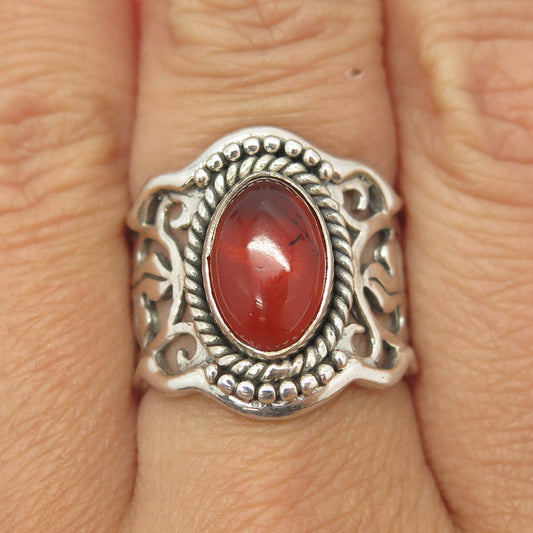 925 Sterling Silver Vintage Real Amber Ornate Ring Size 8