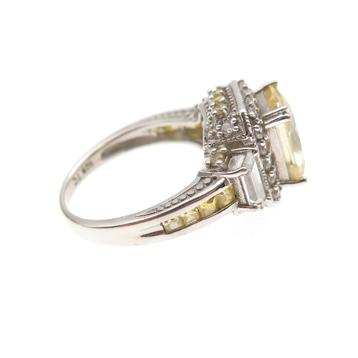 925 Sterling Silver Canary & White C Z Bohemian Ring Size 5.75