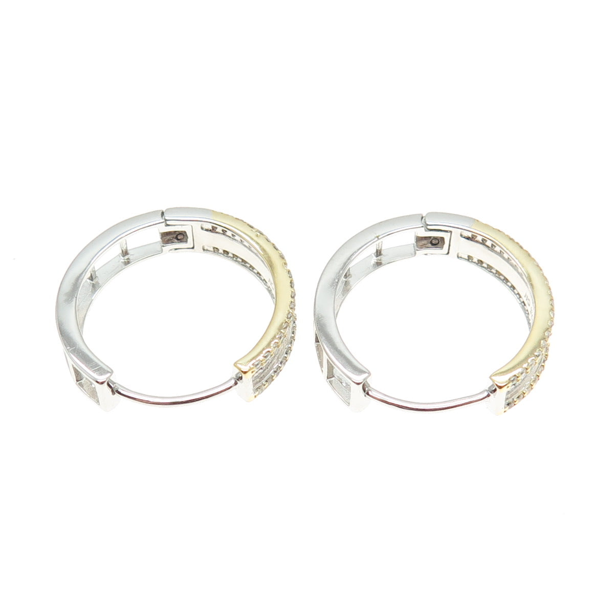 925 Sterling Silver 2-Tone Round-Cut Shaped C Z Huggie Earrings