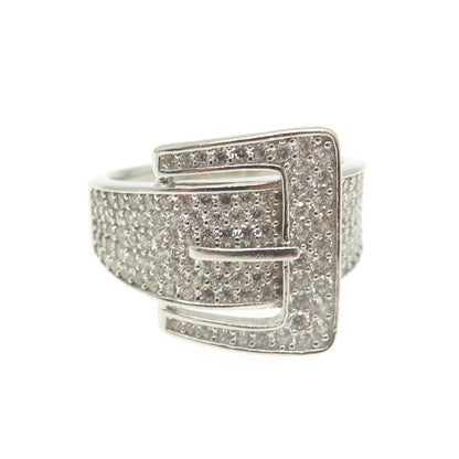 925 Sterling Silver Pave C Z Belt Buckle Ring Size 7.25