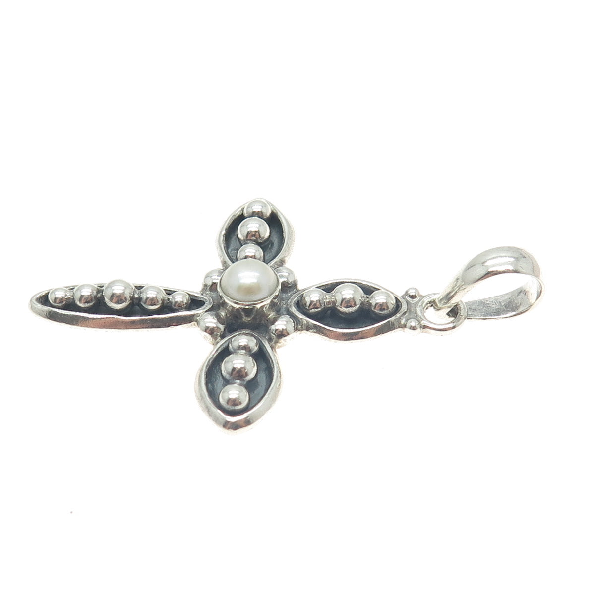 SILPADA 925 Sterling Silver Vintage Real Pearl Beaded Cross Oxidized Pendant