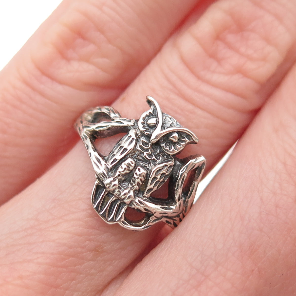 925 Sterling Silver Vintage Wise Owl Oxidized Ring Size 5.75