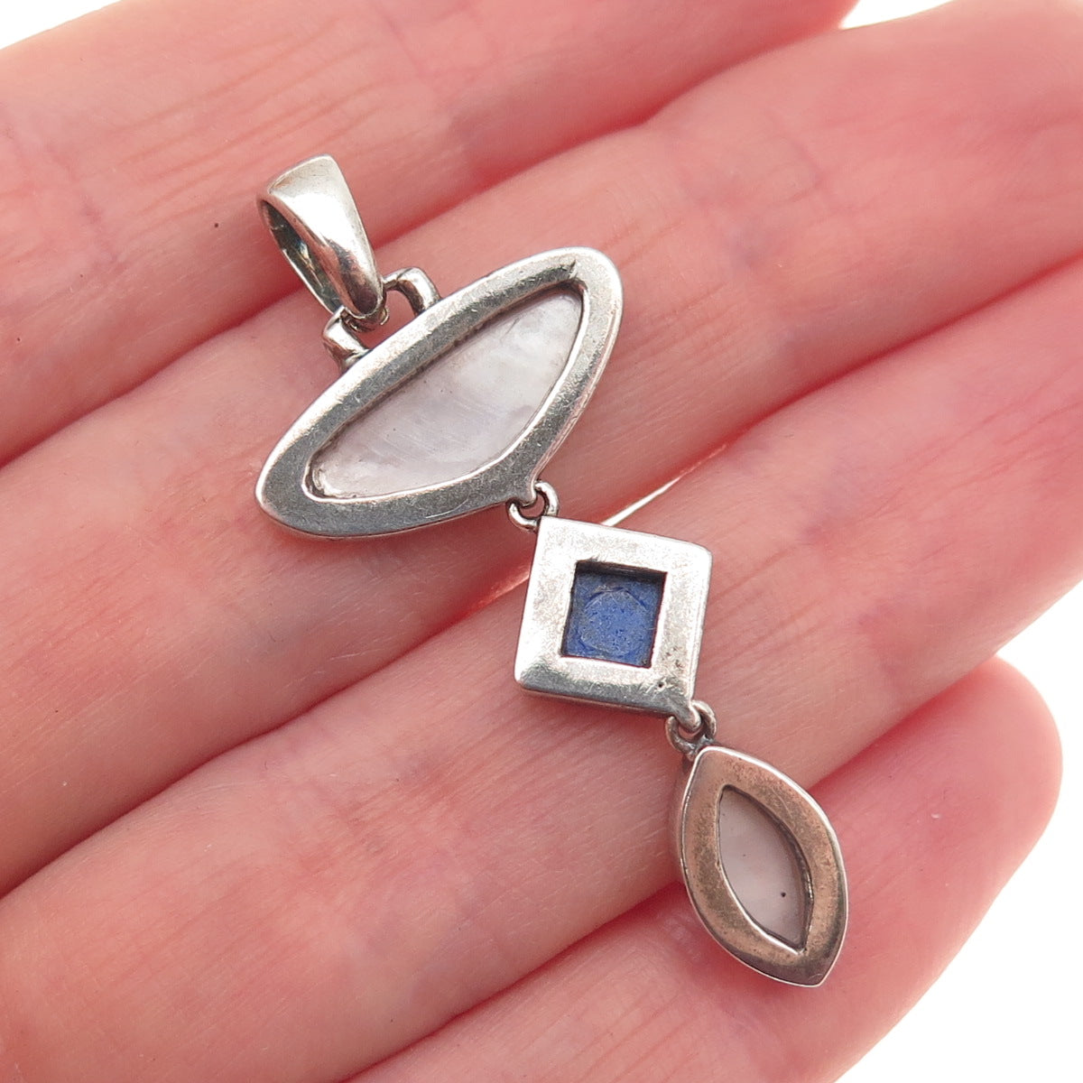 925 Sterling Silver Vintage Real Lapis & MOP Modernist Charm Pendant