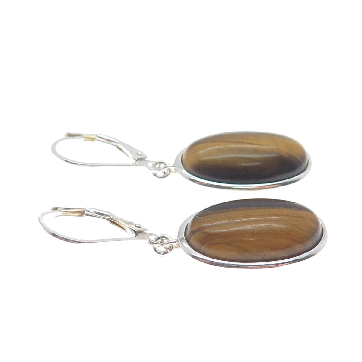 925 Sterling Silver Vintage Real Cabochon Tiger Eye Dangle Earrings