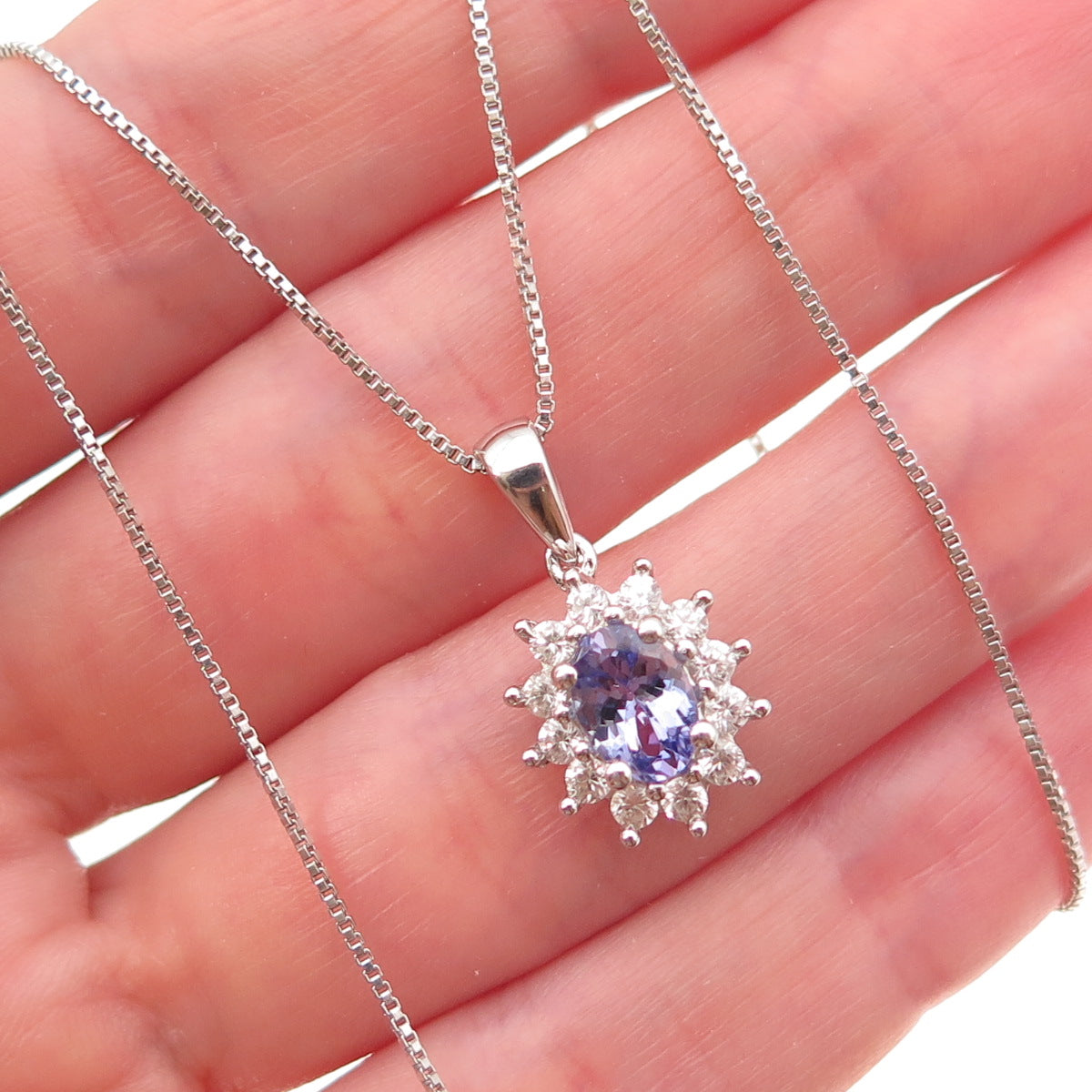 925 Sterling Silver Real Tanzanite & White Topaz Box Chain Necklace 18-20"