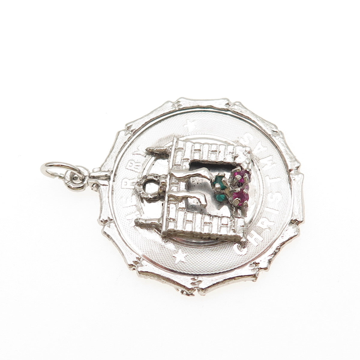 925 Sterling Silver Vintage Rhinestone Merry Christmas Fireplace Charm Pendant
