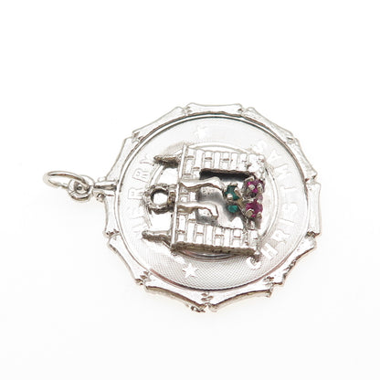 925 Sterling Silver Vintage Rhinestone Merry Christmas Fireplace Charm Pendant