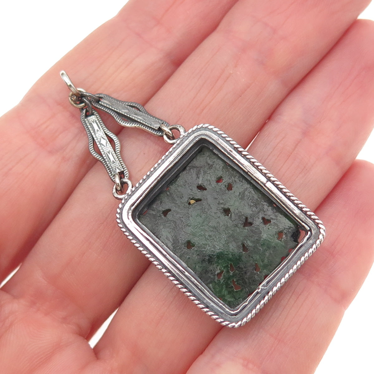 925 Sterling Silver Antique Art Deco Real Jade Carved Floral Chatelaine Pendant