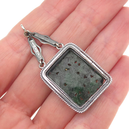 925 Sterling Silver Antique Art Deco Real Jade Carved Floral Chatelaine Pendant