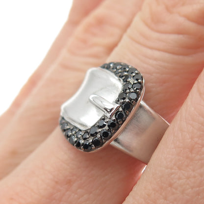 925 Sterling Silver Real Round-Cut Black Spinel Belt Buckle Ring Size 7.75