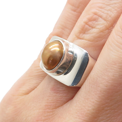 925 Sterling Silver Vintage Real Gold Pearl Modernist Ring Size 6.25