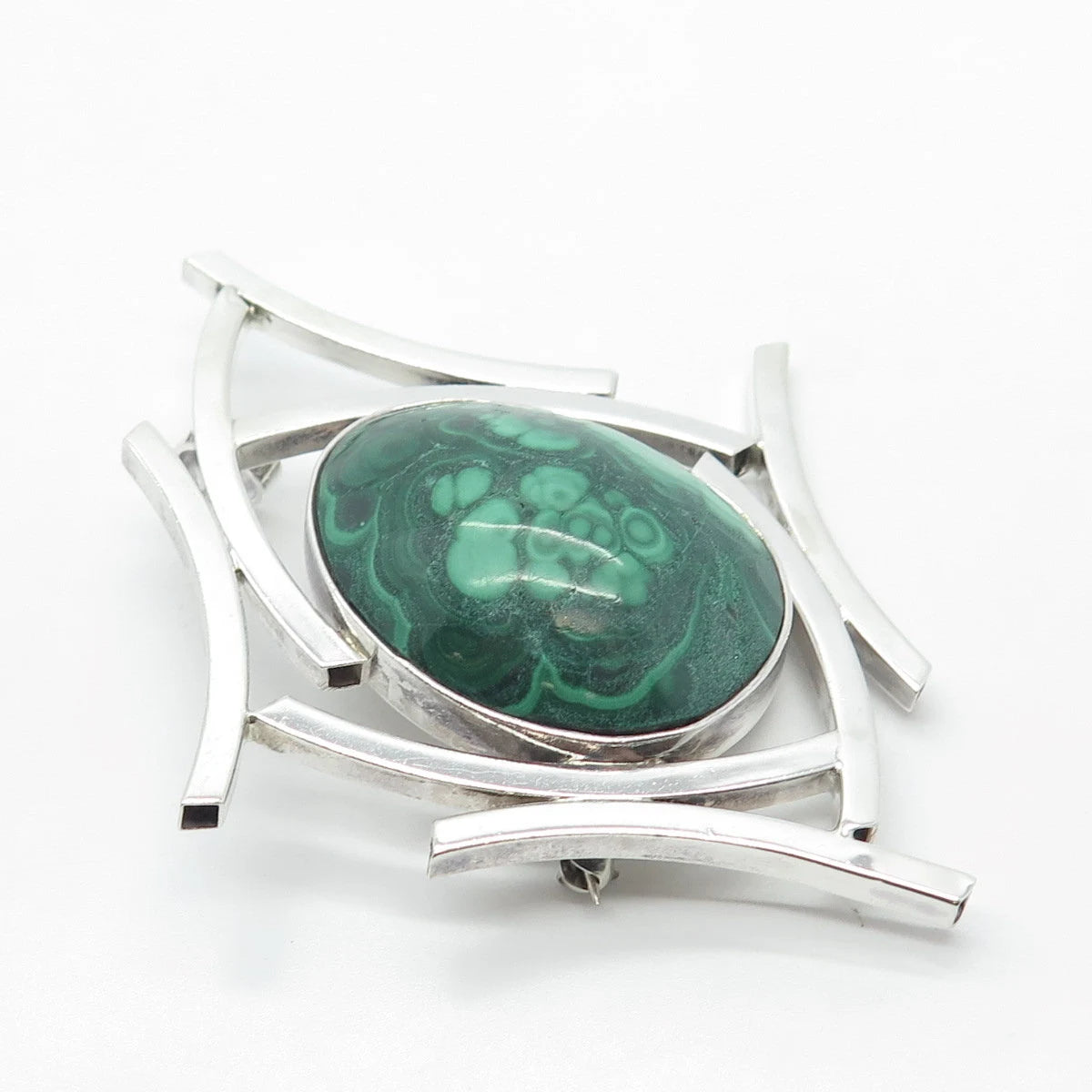 925 Sterling Silver Vintage D. Ruffus Real Malachite Gemstone Pin Brooch
