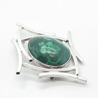925 Sterling Silver Vintage D. Ruffus Real Malachite Gemstone Pin Brooch